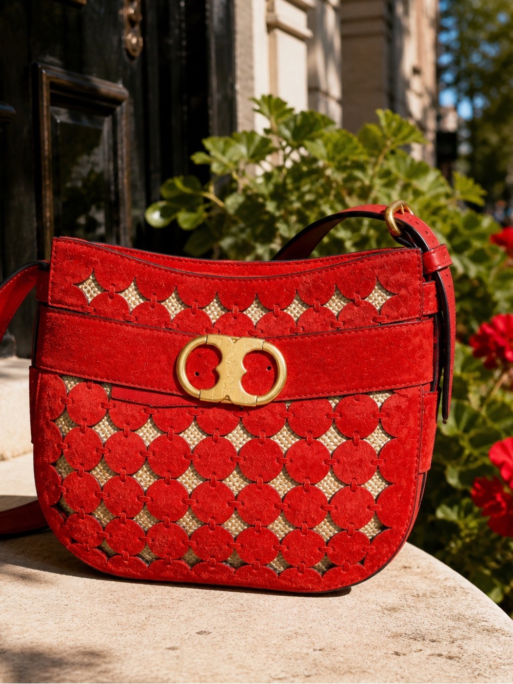 Rare Tory Burch Gemini Link Suede Crossbody Bag Red Gold Hardware – Showstopper